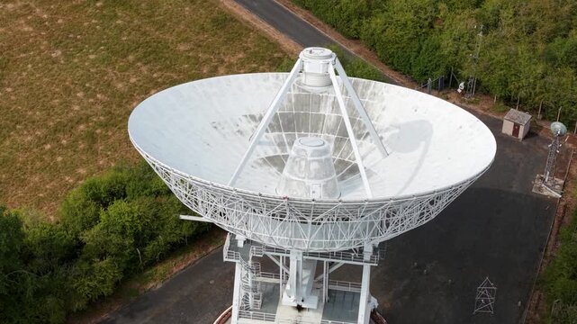 Radio Telescope Parabolic Dish at Cambridge Astronomy Observatory Drone View UK