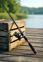 Fototapeta premium Fishing and outdoor recreation, spinning rod with reel leaning on wooden crate at lake pier for leisure activity and summer vacation travel lifestyle