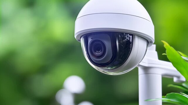 Outdoor security camera moves closer in a green garden with white housing and softly blurred foliage behind