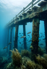 Fototapeta premium Marine conservation and ocean health, school of fish swimming under an old wooden pier in clear blue tropical water with coral reef ecosystem