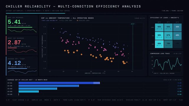 Analyze chiller reliability with an efficiency dashboard showcasing performance across operating conditions featuring interactive scatter plots and heatmaps.
