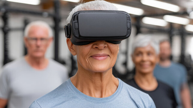Senior woman wearing virtual reality headset smiles while participating in fitness class with older adults in a gym setting, exercise equipment visible in the background