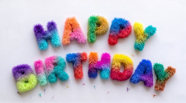 Happy birthday colorful fluffy lettering on a white background.
