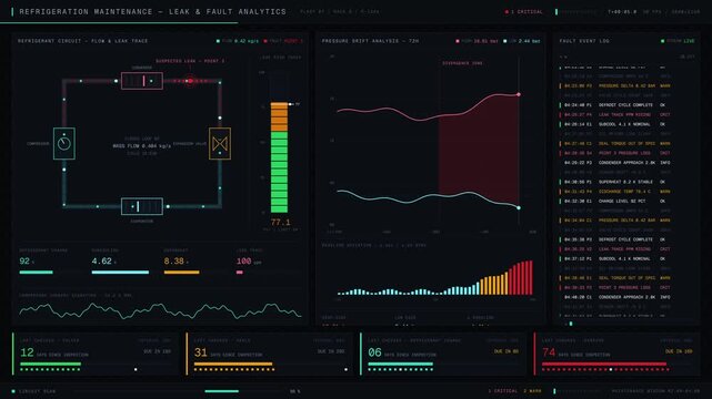 A detailed refrigeration maintenance dashboard showcasing leak detection, pressure drift analysis, and fault logging with animated visuals and interactive metrics for industrial applications.