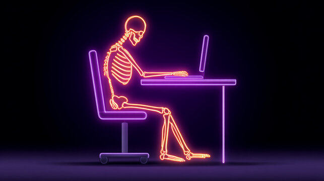Neon illustration of a skeleton sitting at a desk using a laptop, glowing in vibrant colors against a dark background, emphasizing a modern digital workspace concept