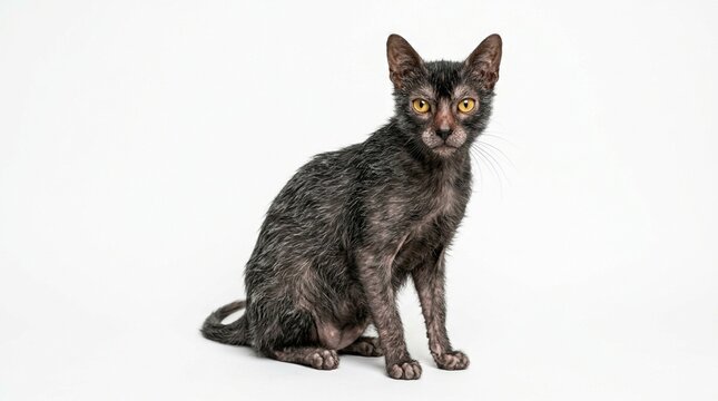 Unique Lykoi Cat with Sparse Fur and Golden Eyes Sitting on White Background