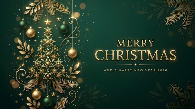 Elegant merry christmas greeting card design with golden ornaments on a green background