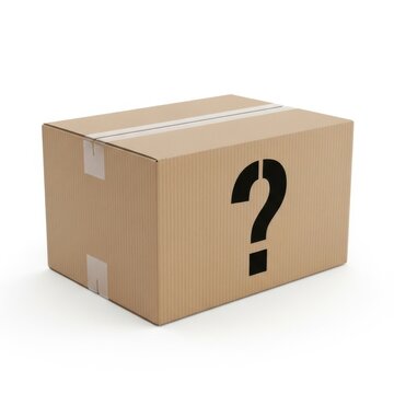 Cardboard shipping box with a black question mark symbol on the side