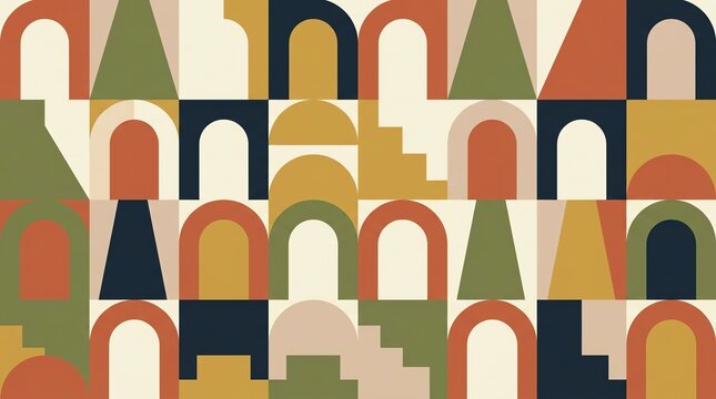 Abstract geometric pattern featuring colorful arches and stairs in a modern mosaic style