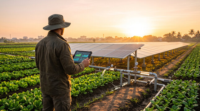 Faceless farmer using tablet to monitor solar panels on agricultural field during sunrise