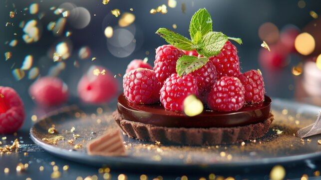 Delicious chocolate tart with fresh raspberries and mint leaves garnished with golden sparkles on a dark background