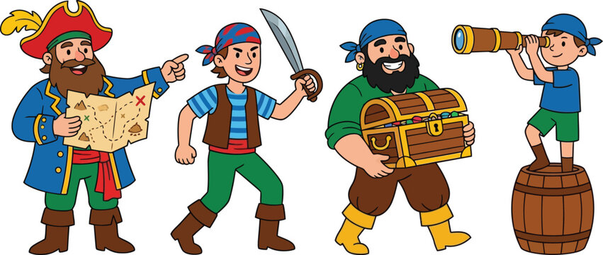 A group of four cartoon pirates engaged in various treasure hunting activities.