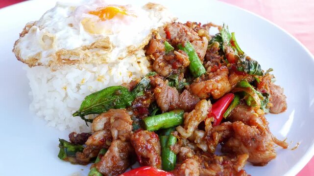 Thai Stir-Fried meet with Red Curry Paste Served Over Rice with Fried Egg