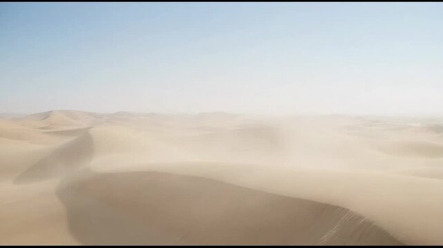 The video depicts a vast desert landscape characterized by expansive sand dunes under a clear sky