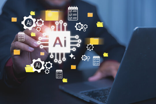 Artificial intelligence optimizes digital document organization and corporate workflow efficiency. An innovative AI microchip concept visualizes automated data processing and folder management.