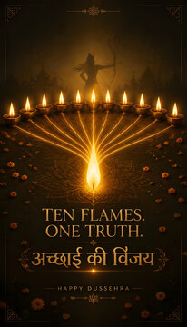 DUSSEHRA celebration featuring ten glowing diyas, radiant central flame, Ek Prakash Ek Vijay message and devotional design