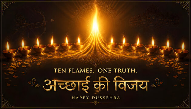 DUSSEHRA celebration featuring ten glowing flames, central sacred light, Ek Prakash Ek Vijay message and spiritual design