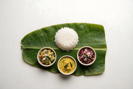  banana leaf with one rice mound and 3 small festival curries, minimalist Onam concept