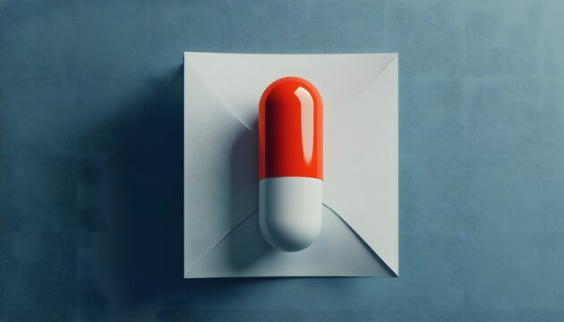 Red and white capsule on envelope with dramatic shadow, blue backdrop