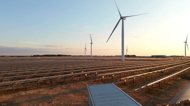 Chelveston Solar and Wind Renewable Energy Farm in Golden Evening Sunlight View