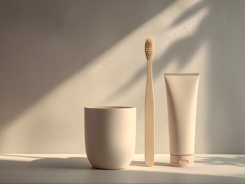 Toothbrush with toothpaste tube and cup in soft natural light