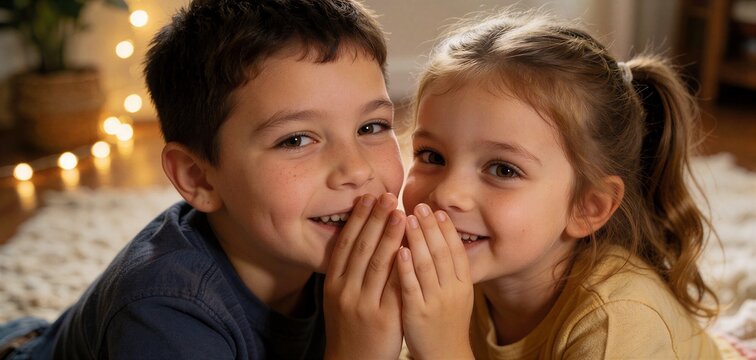 Two happy children sharing a secret in a cozy indoor setting with warm lighting and fairy lights.