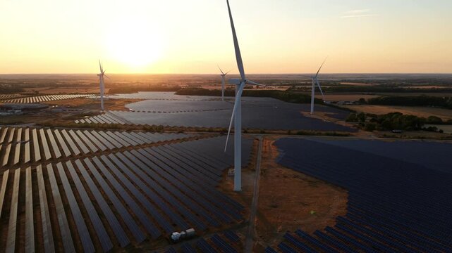 Chelveston Renewable Energy Park Wind Turbines and Solar Farm at Sunset UK View