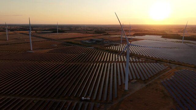Chelveston Renewable Energy Park Wind Turbines and Solar Farm at Sunset UK View
