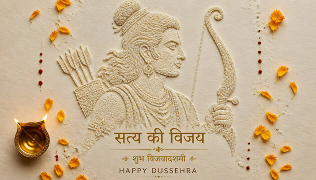 DUSSEHRA celebration featuring Ek Prakash Ek Vijay message, glowing diya, radiant rays, dark background and spiritual festival design