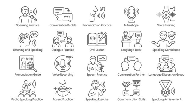 Speaking and language communication practice icons for voice training and conversation learning educational materials.