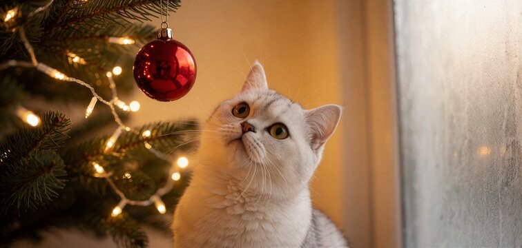 Fluffy white cat gazes up at a shiny red Christmas ornament hanging from a decorated fir tree with warm fairy lights.
