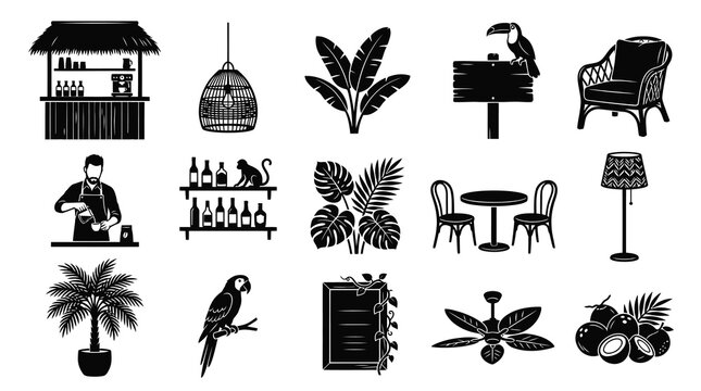 Black Glyph Icons Set of Tropical Vacation, Hospitality, Cafe, and Bar Elements for Travel Design