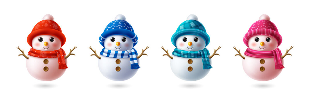 Four colorful winter snowmen set isolated on a transparent background