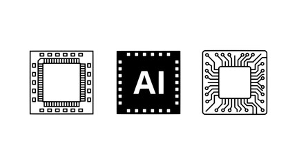 Fototapeta premium Set of three black microchip processor icons with circuit board design and artificial intelligence symbol on white background