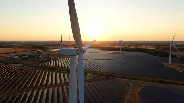 Chelveston Renewable Energy Park Wind Turbines and Solar Farm at Sunset UK View