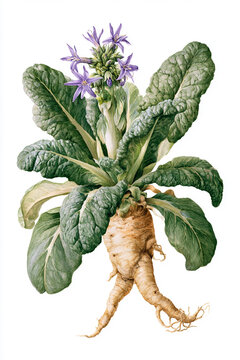 Botanical illustration of mandrake with showing a thick humanoid-shaped root, rosette of broad crinkled leaves and small purple star-shaped flowers, with delicate linework and shading