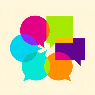 Colorful Speech Bubbles Interacting: A vibrant arrangement of overlapping speech bubbles in various bright colors, symbolizing communication, conversation, and ideas.