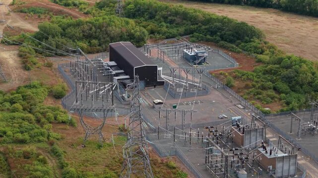 Eaton Socon 400kV Substation Transformers and Transmission Pylons Drone View UK