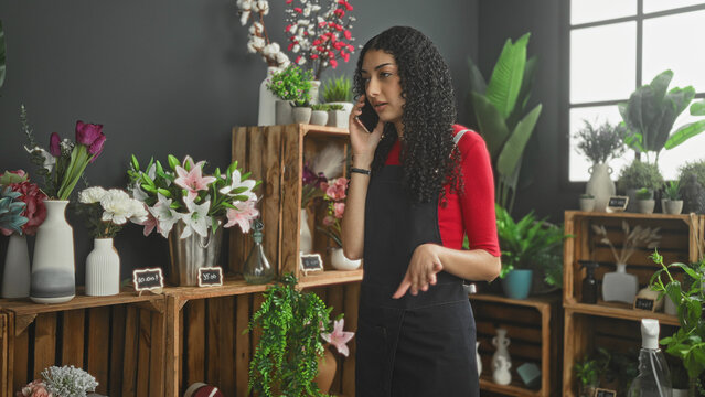 Woman florist on smartphone, hand gesturing beside pink lilies and ceramic vases on wooden crates in a bright flower shop with potted greens; focused service.