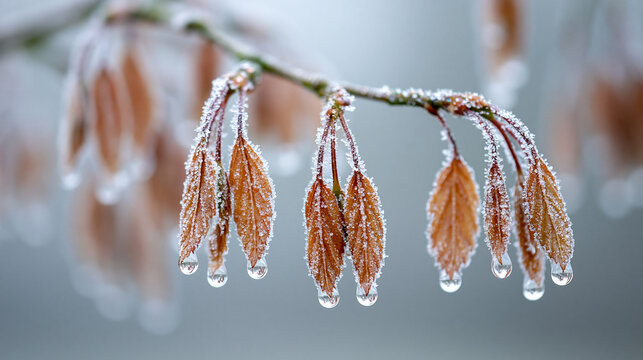 Frost covered hazel tree catkins in early spring with frozen catkins