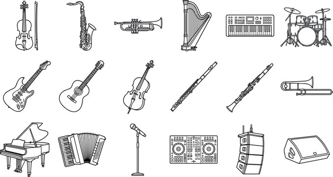 Minimalist musical instruments line art icon set vector collection featuring guitar piano drums violin saxophone and sound equipment for website interface