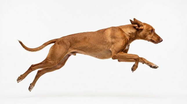 Brown dog running and jumping against white background, full body shot, motion