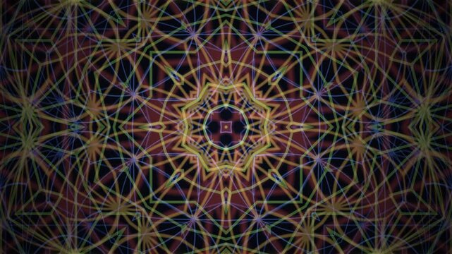 Multicolor kaleidoscope tunnel of Japanese asanoha line patterns in layered depth on dark background. Hypnotic glowing mandala transition for music, VJ, meditation and abstract titles.