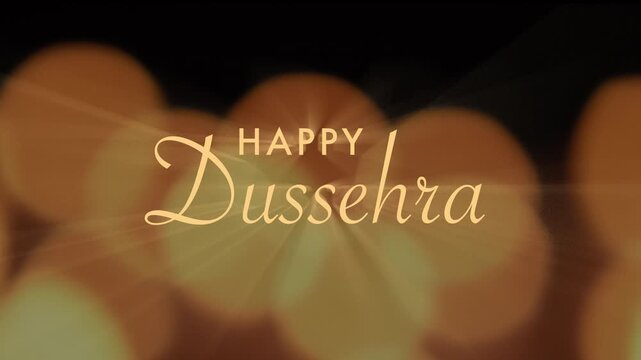 Happy Dussehra text animation with glowing bokeh light background, ideal for Hindu festival greetings, Dussehra celebration videos, digital cards, and social media.