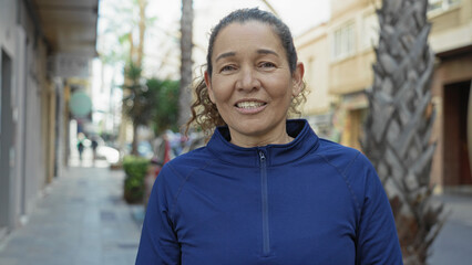 Fototapeta premium Woman face with eyes closed and slight smile, wearing blue zip top standing on a street lined with palm trees; calm.