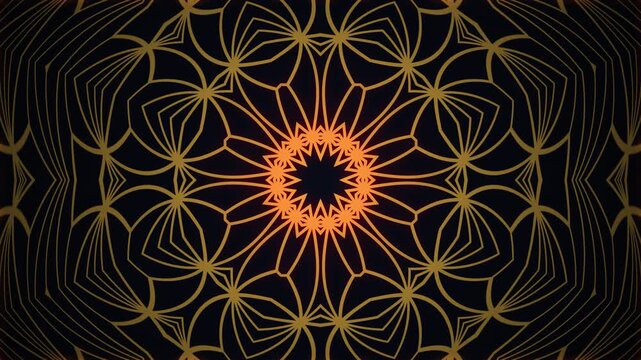 Golden Japanese asanoha hemp leaf pattern drawing itself into a glowing kaleidoscope mandala on dark background. Elegant line animation transition for luxury, wedding and oriental titles.