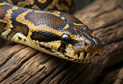 Wildlife conservation and biodiversity, close up of a python snake resting on a textured tree branch in a natural forest habitat