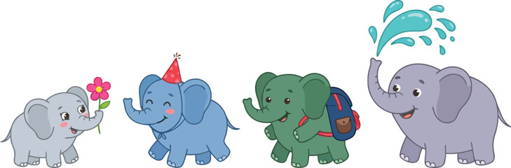 Fototapeta premium A collection of four cute cartoon elephants engaged in various playful activities.