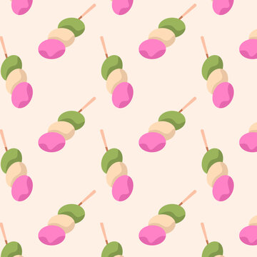 Japanese hanami dango seamless pattern with sweet rice dumplings on sticks. Cute vector illustration