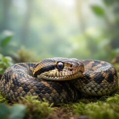 Obraz premium Wildlife conservation and biodiversity, close up of a coiled snake in a natural forest habitat with soft green bokeh background for environmental themes